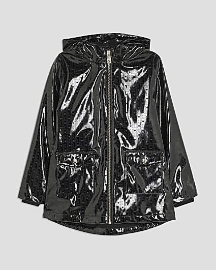 Girls Black Monogram Hooded Raincoat