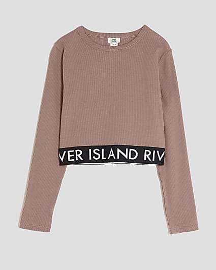Girls Brown Ribbed RI Long Sleeve Top