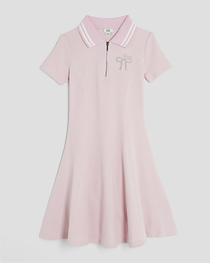 Girls Pink Ribbed Bow Zipped Dress