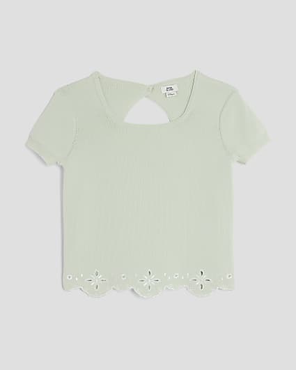 Girls Green Embroidered Hem Top
