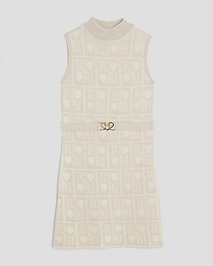 Girls Beige RI Monogram Belted Dress