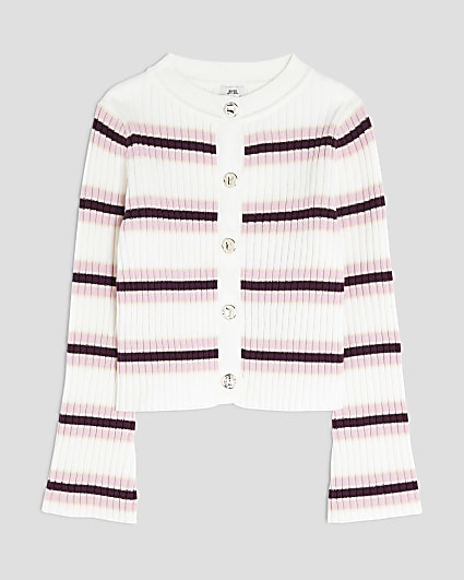 Girls Cream Striped Knitted Cardigan
