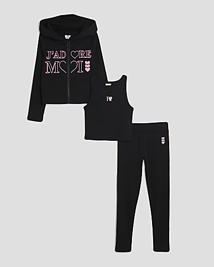 Girls Black Zip Through Hoodie 3 Piece Set