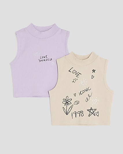 Girls Purple Pack Of 2 High Neck Tank Top