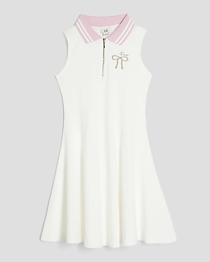 Girls White Sleeveless Bow Collar Dress