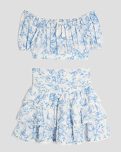 Girls Blue Fruit Print Skirt Set