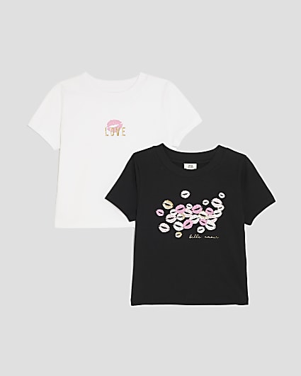 Girls Black White Pack Of 2 Lips Baby T-Shirt
