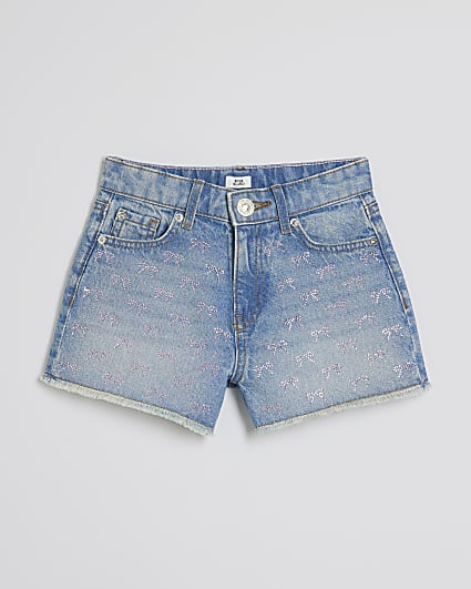Girls Denim Pink Bow Diamante Shorts
