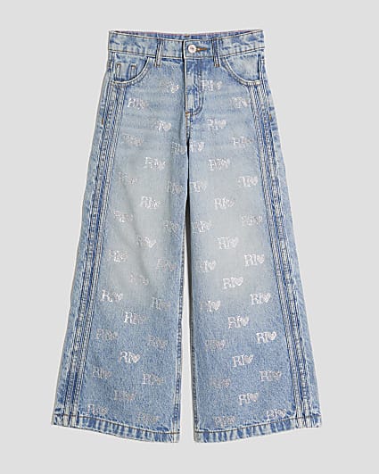 Girls Blue Diamante Monogram Wide Leg Jeans