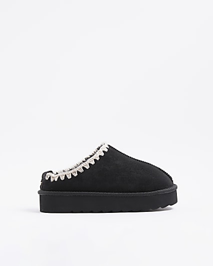 Girls Black Whipstitch Mule Slippers