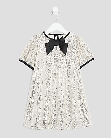 Mini Girls Silver Sequin Bow Shift Dress