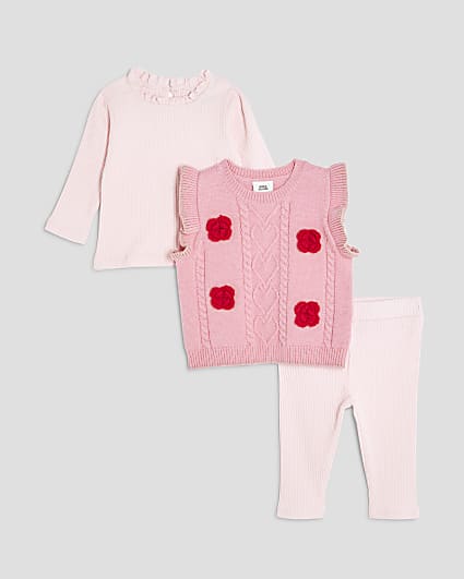 Baby Girls Pink Knitted Vest 3 Piece Set