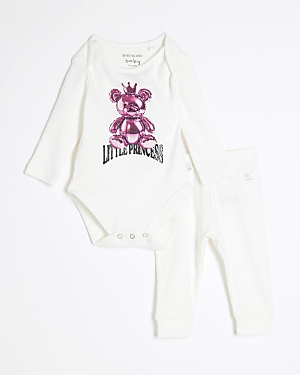 Baby Girls White Princess Bear Bodysuit Set