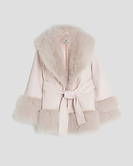 Girls Pink Faux Fur Wrap Coat