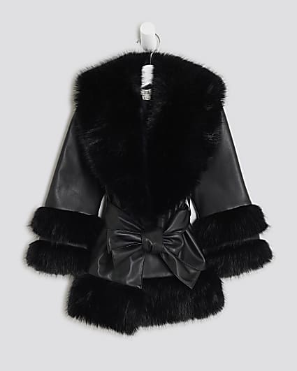 Mini Girls Black Faux Fur Wrap Coat