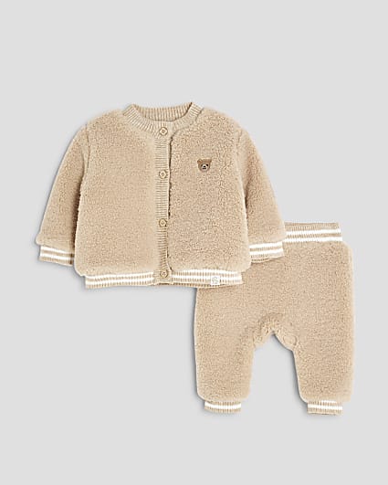 Baby Boys Beige Borg Bear Cardigan Set