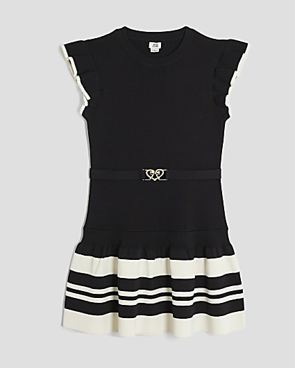 Girls Black Belted Ruffle Hem Dress