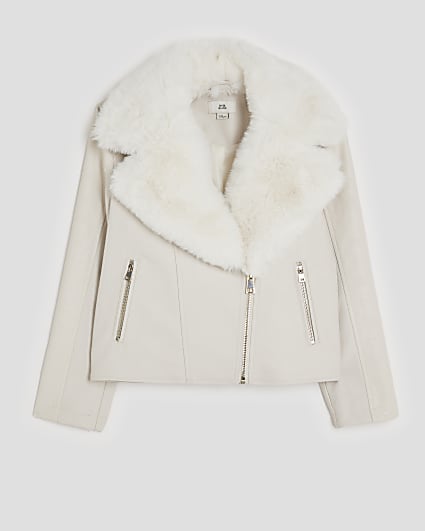 Girls Cream Faux Fur Collared Biker Jacket