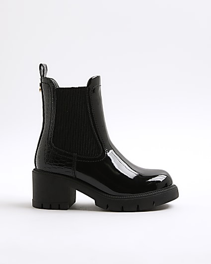 Girls Black Patent Heart Heeled Chelsea Boots