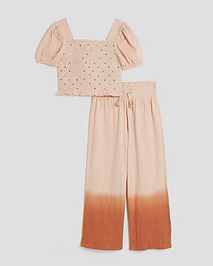 Girls Orange Sequin Shirred Crop Top Set