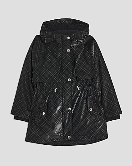 Girls Black Check Hooded Raincoat