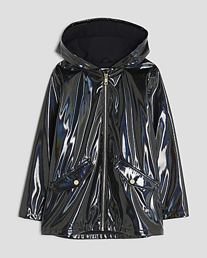 Girls Black Glitter Hooded Raincoat