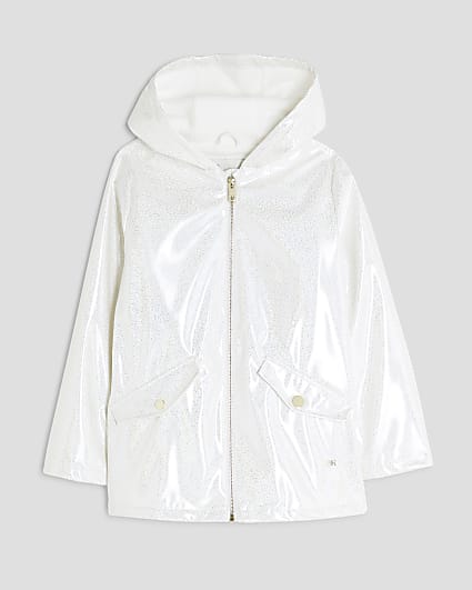 Girls White Glitter Hooded Raincoat