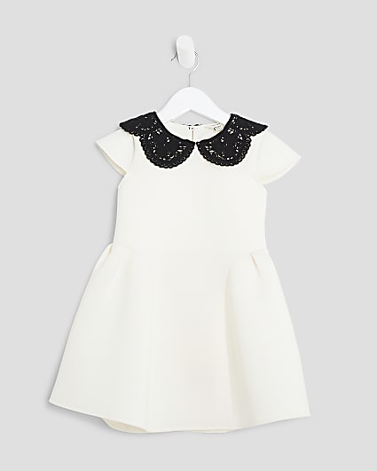 Mini Girls Cream Collar Bow Back Dress