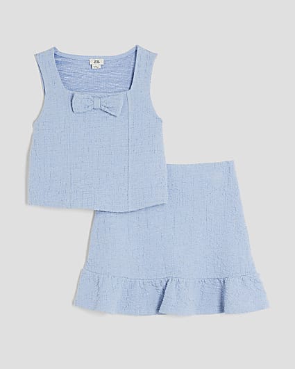 Girls Blue Textured Top And Skirt Set