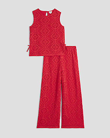 Girls Red Lace Bow Side Crop Top Set
