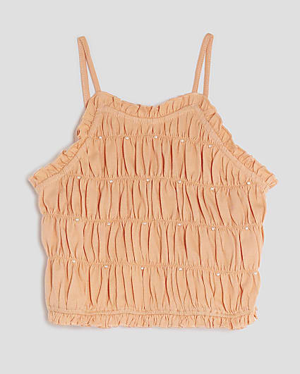 Girls Coral Pearl Shirred Halter Neck Top