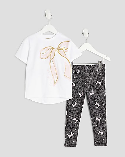 Mini Girls White Bow T-shirt And Legging Sets