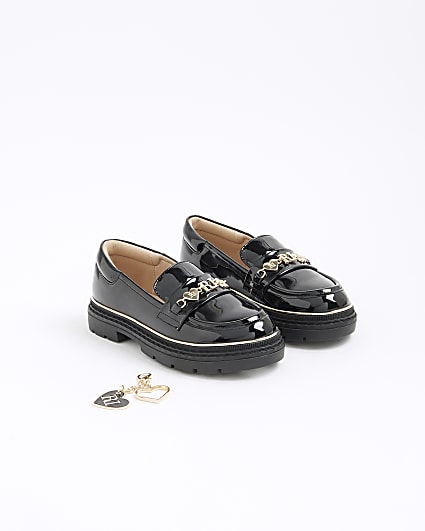 Girls Black Charm Flower Heart Chain Loafers