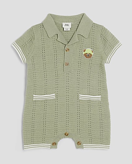 Baby Boys Khaki Textured Bear Romper