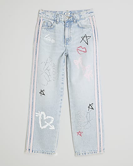Girls Blue Graffiti Straight Jeans