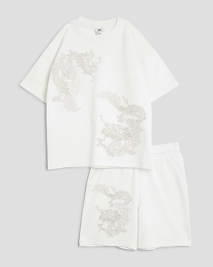 Boys White Embroidered T-Shirt Set