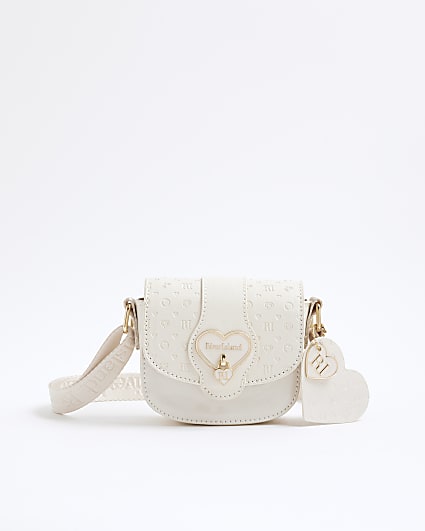 Girls Cream Monogram Heartlock Cross Body Bag