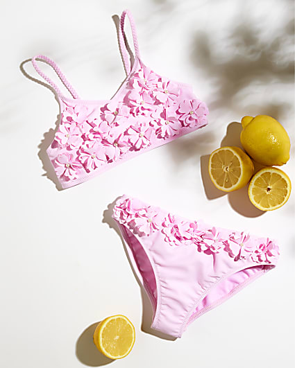 Girls Pink 3D Floral Bikini Set