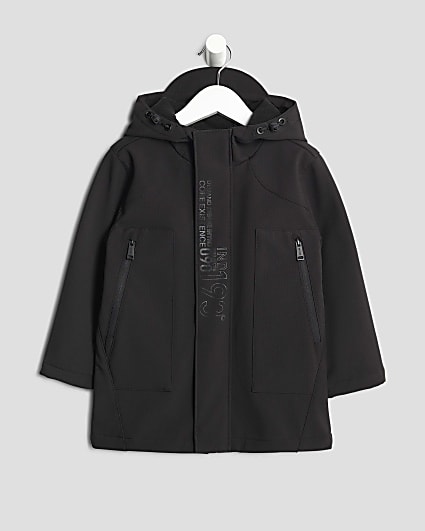 Mini Boys Black Hooded Printed Jacket