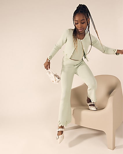 Girls Green Embroidered Cardigan Set