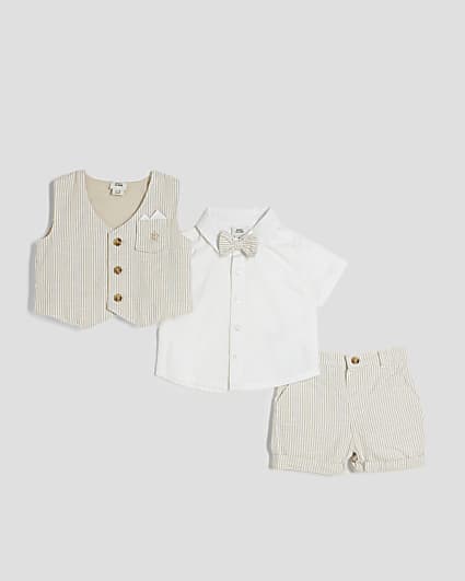 Baby Boys Beige Stripe Waistcoat 4 Piece Set