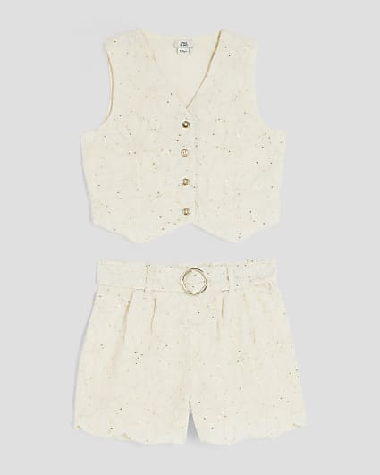 Girls Cream Waistcoat And Shorts Set