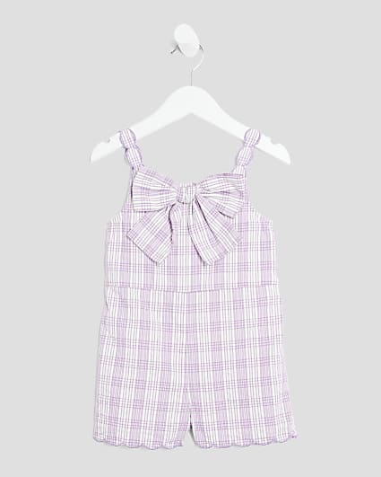 Mini Girls Purple Gingham Bow Playsuit