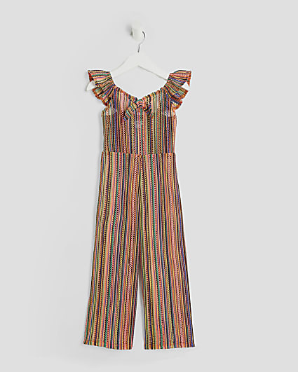 Mini Girls Orange Crochet Striped Jumpsuit