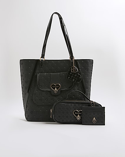 Girls Black Heart Lock Shopper Bundle Bag