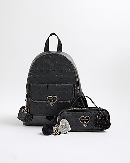 Girls Black Heart Lock Backpack Bundle Bag