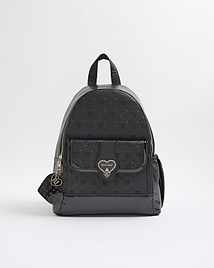 Girls Black Cream Heart Lock Pocket Backpack