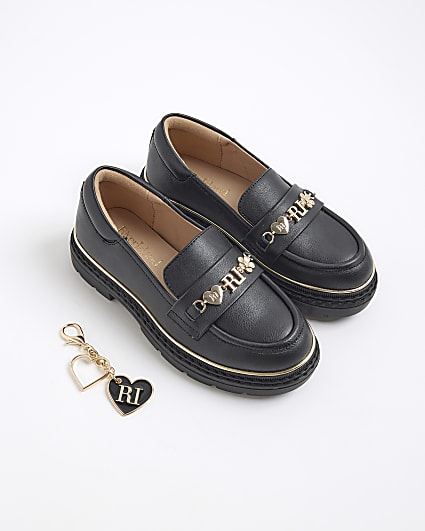 Girls Black Flower Chain Loafers