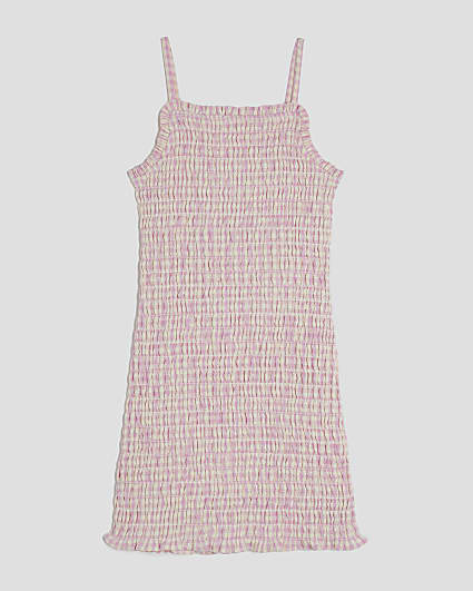Girls Pink Shirred Gingham Dress