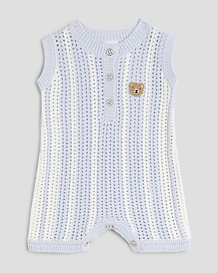 Baby Boys Blue Striped Crochet Bear Romper